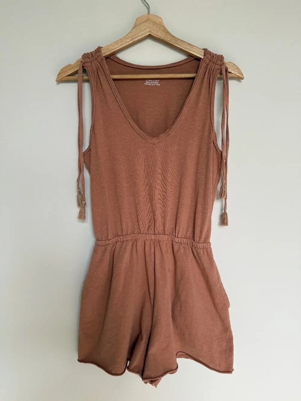 Aerie Womens S Romper Terracotta Tie Shoulder Tassel Boho Cotton Jersey Vacation